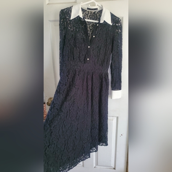 Zara Elegant Black Lace Long Sleeve Button Down Womans Flare Size Medium Dress - Picture 3 of 8